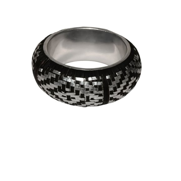 Rounded Bangle Bracelet Black Rattan and Aluminum Metal Weave 2" Wide - Picture 4 of 7